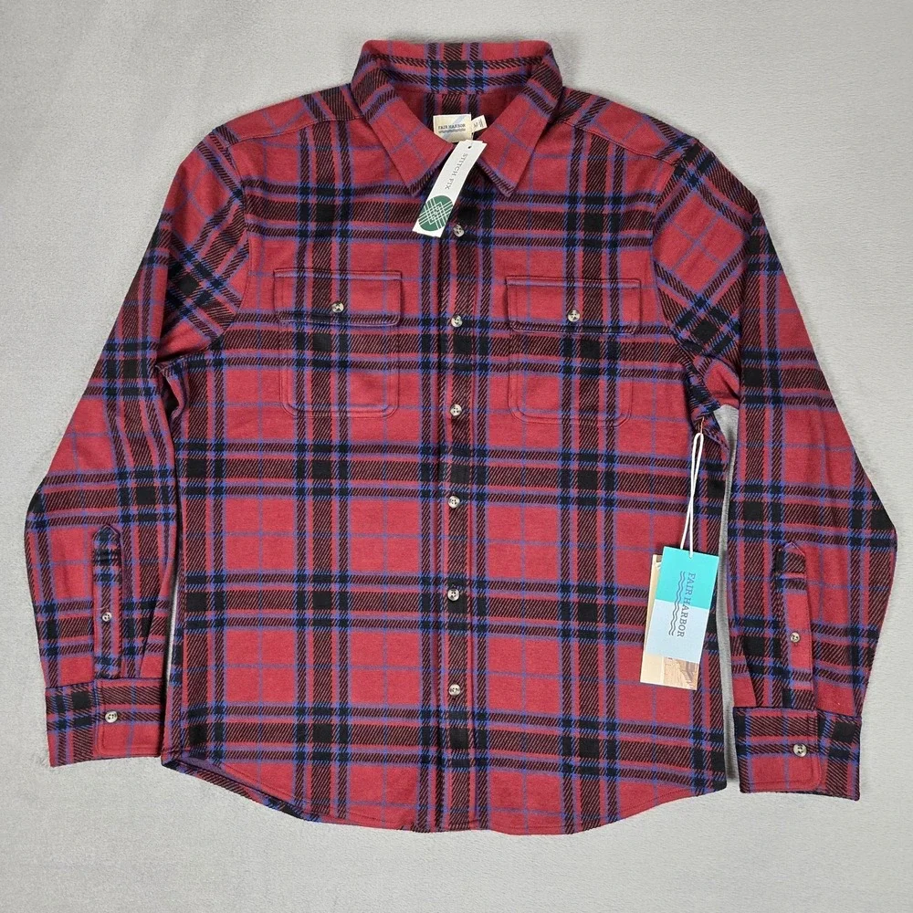 Fair Harbor Shirt Mens Medium Dunewood Ultra-Stretch Flannel Cobalt Wine Plaid